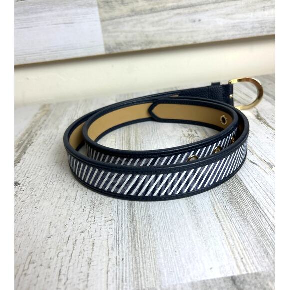 Talbots Women’s Large Navy Blue White Stripe Leather Fabric Belt New casual - Picture 2 of 6